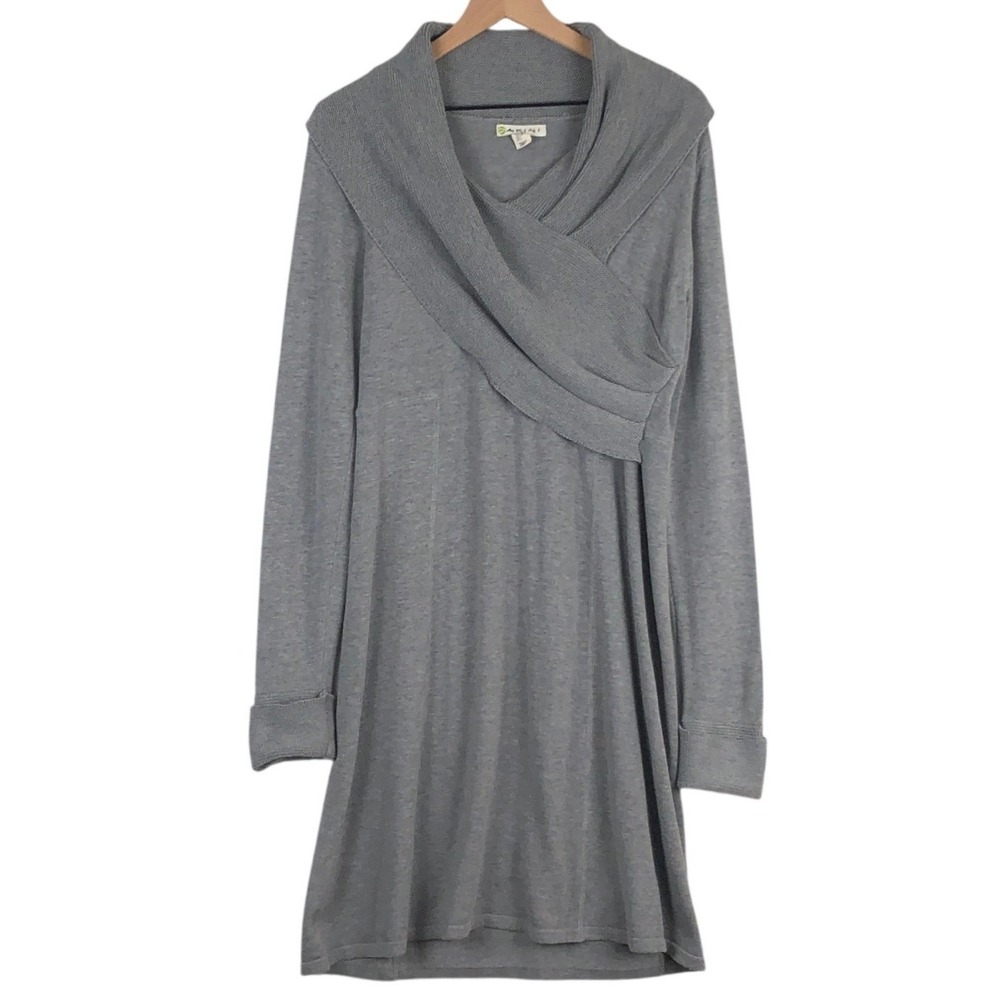 DAKANI Draped Crossover Shawl Collar Long Sleeve Sweater Dress Sz L Grey